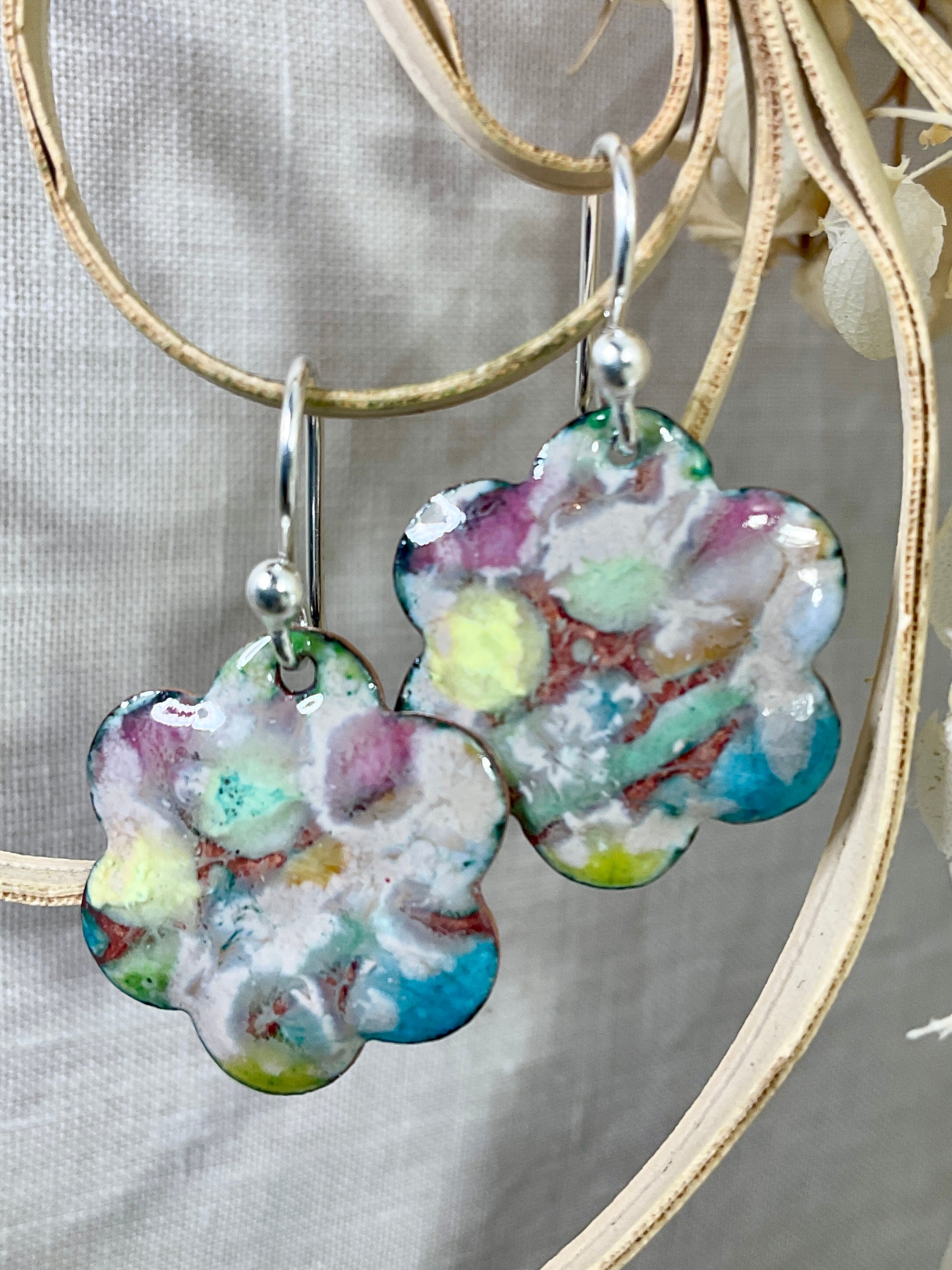 Pastel flowers. Enamel earrings
