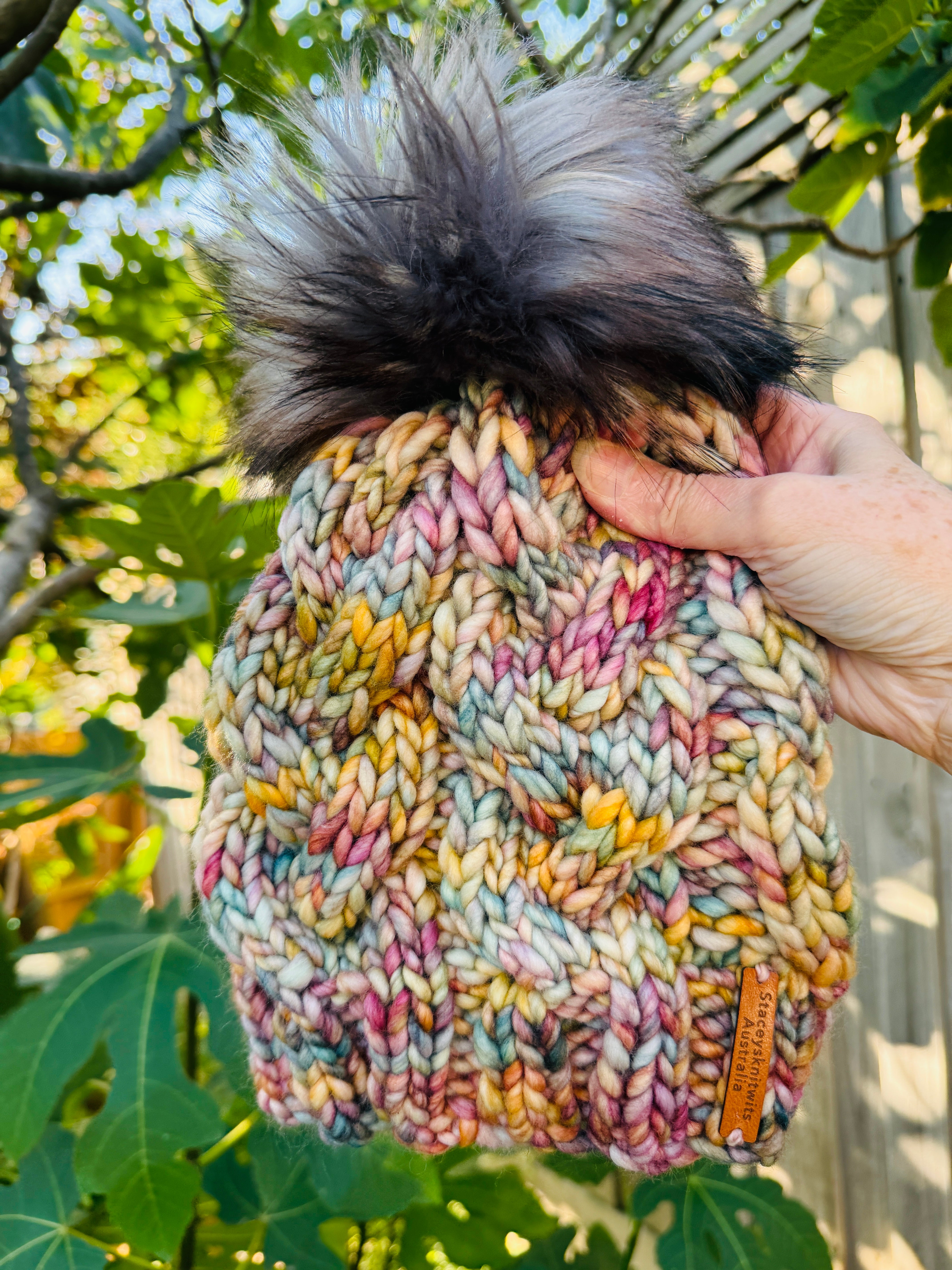 Hand Knitted Beanie, Ladies Merino PomPom Beanie