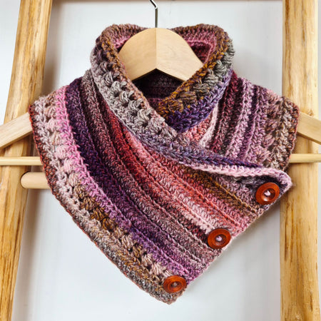 Ladies Neck warmer | Cowl | Scarf | Pink Toned | Adult | Vintage | Crochet | Buttoned