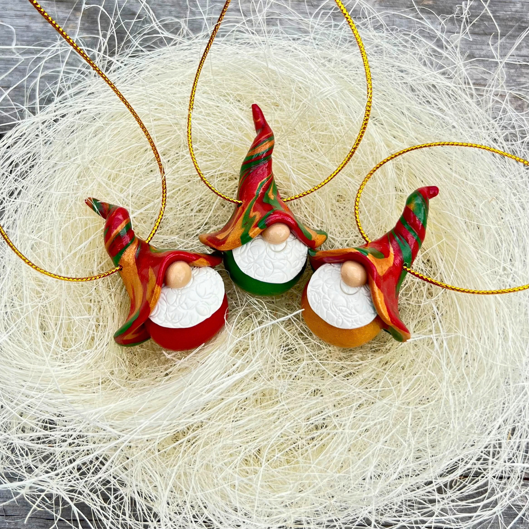 Whimsical Gnome Christmas bauble trio - red, green & gold
