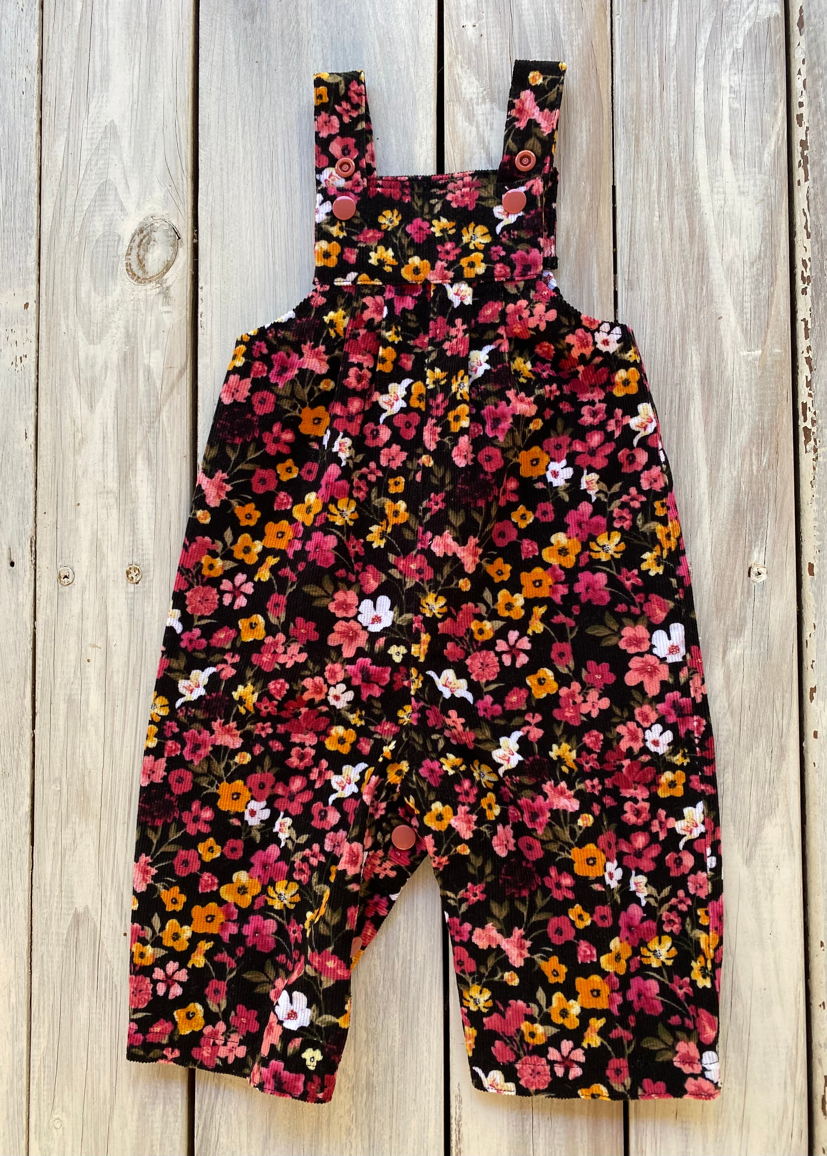 Corduroy Childs/Babies overalls pink/yellow floral multiple sizes