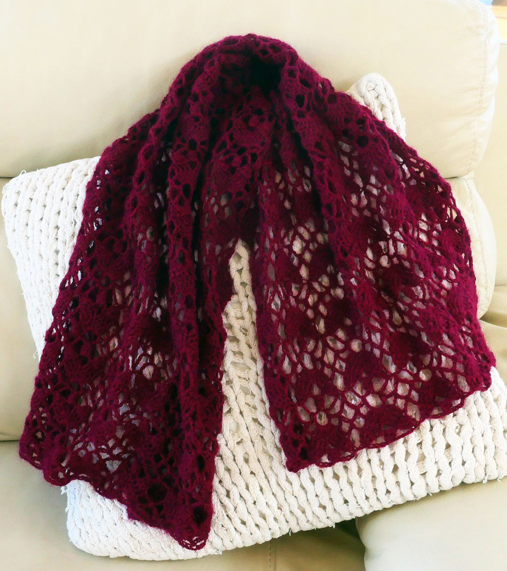 Scarf, crocheted, deep burgundy, wool, mohair.  Free shipping.