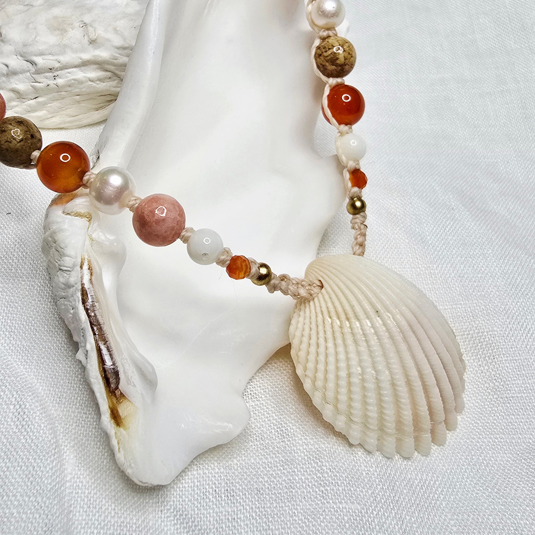 Cockle Shell Necklace Adjustable with Pearls and Rare Ocean Agate