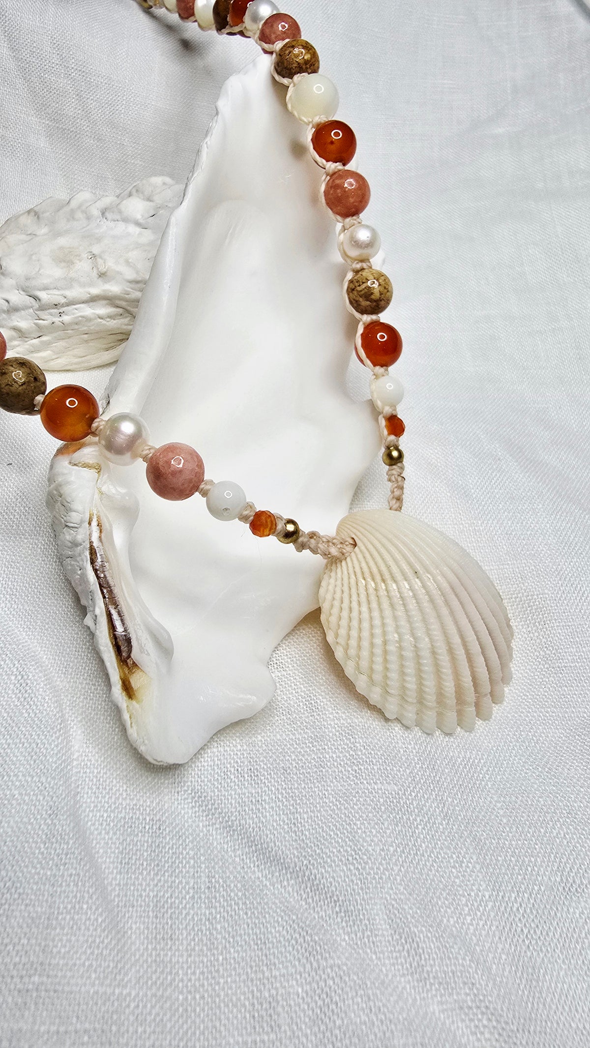 Cockle Shell Necklace Adjustable with Pearls and Rare Ocean Agate