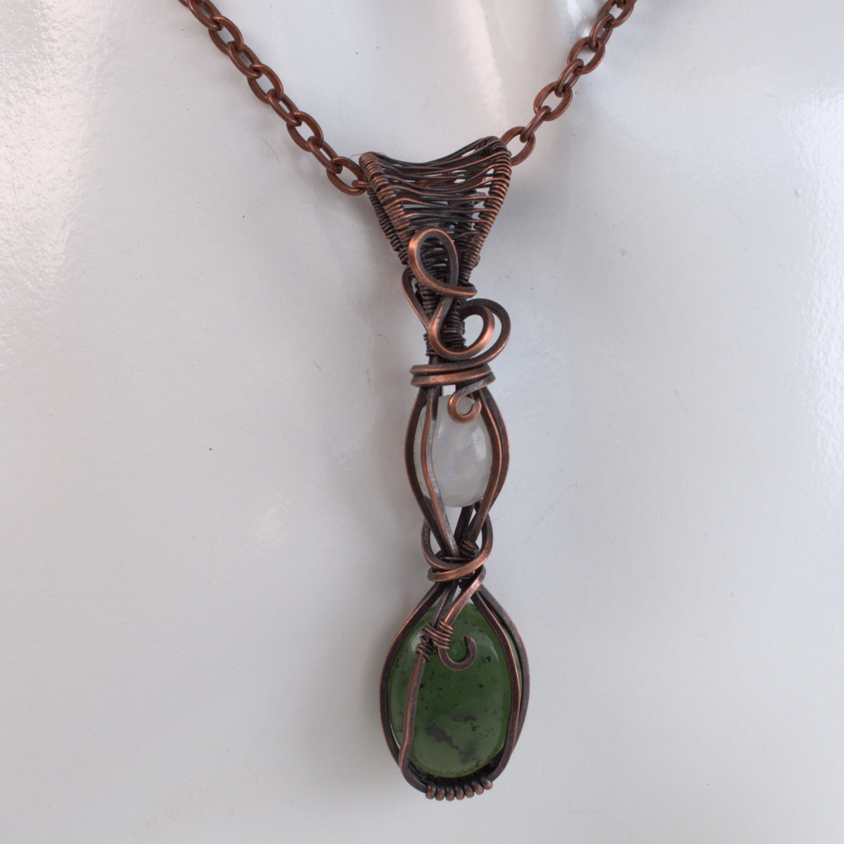 Moonlit Grove – Nephrite & Rainbow Moonstone Copper Pendant