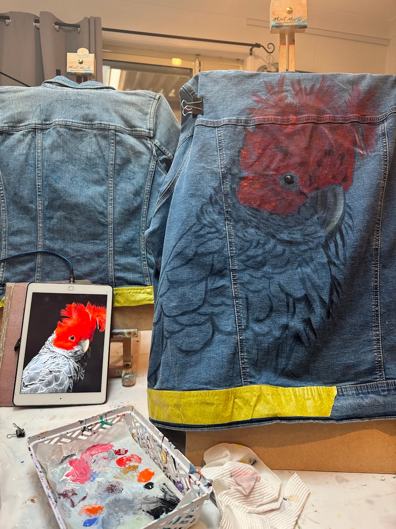 Gang Gang Cockatoo Hand-painted Denim Recycled Jacket (W6)