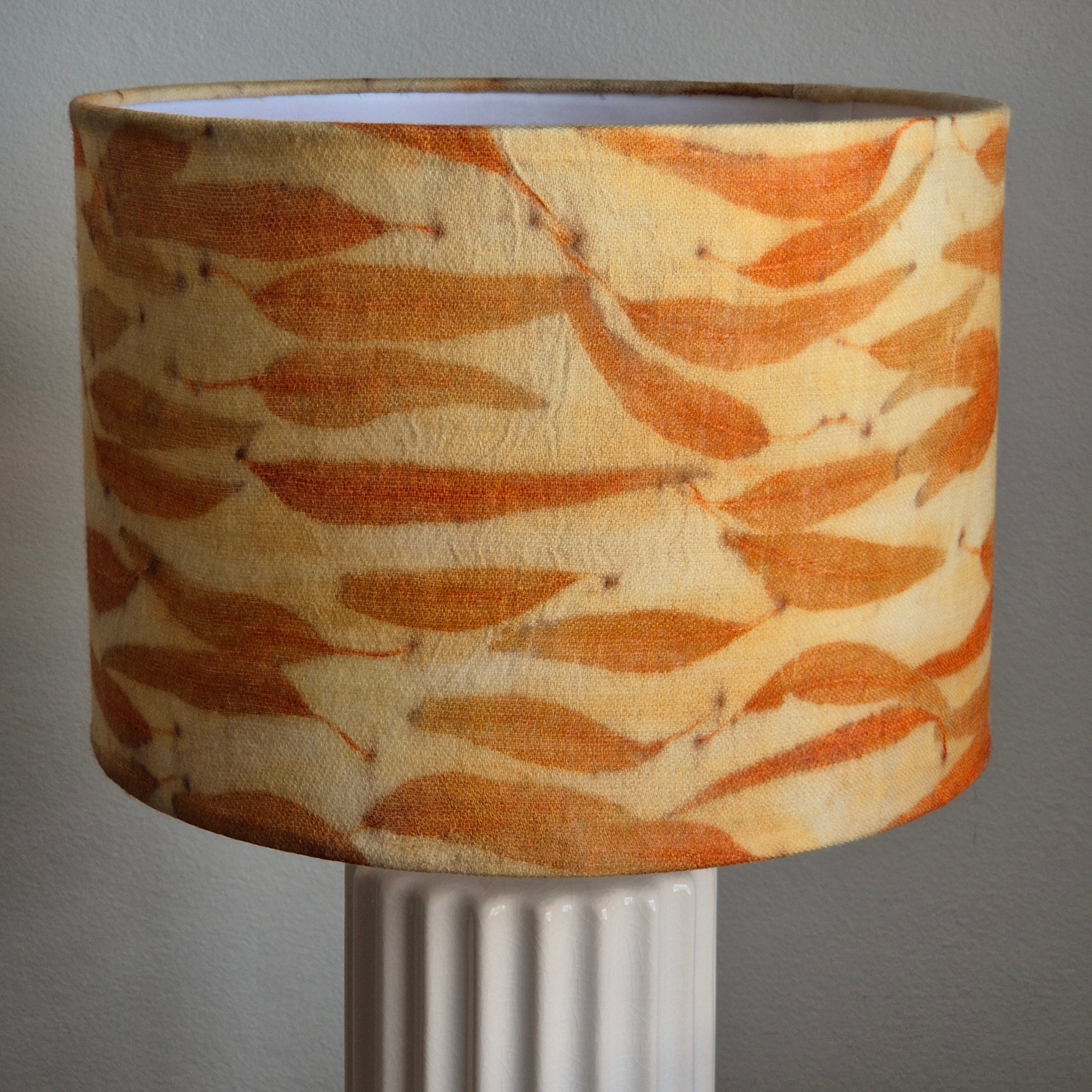 Lampshade ecoprinted horizontal eucalyptus leaves