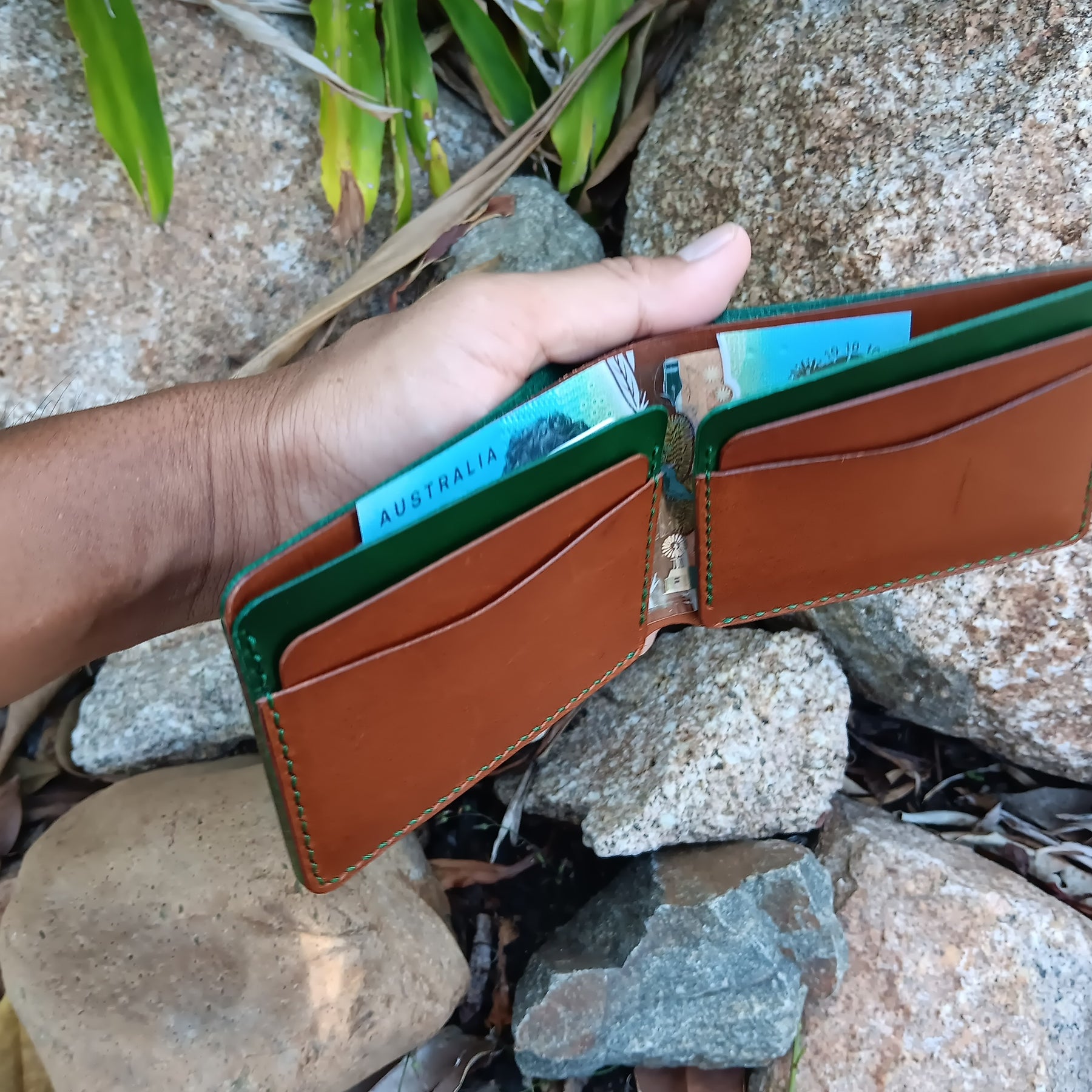 Men's Bifold Wallet - Green & Brown