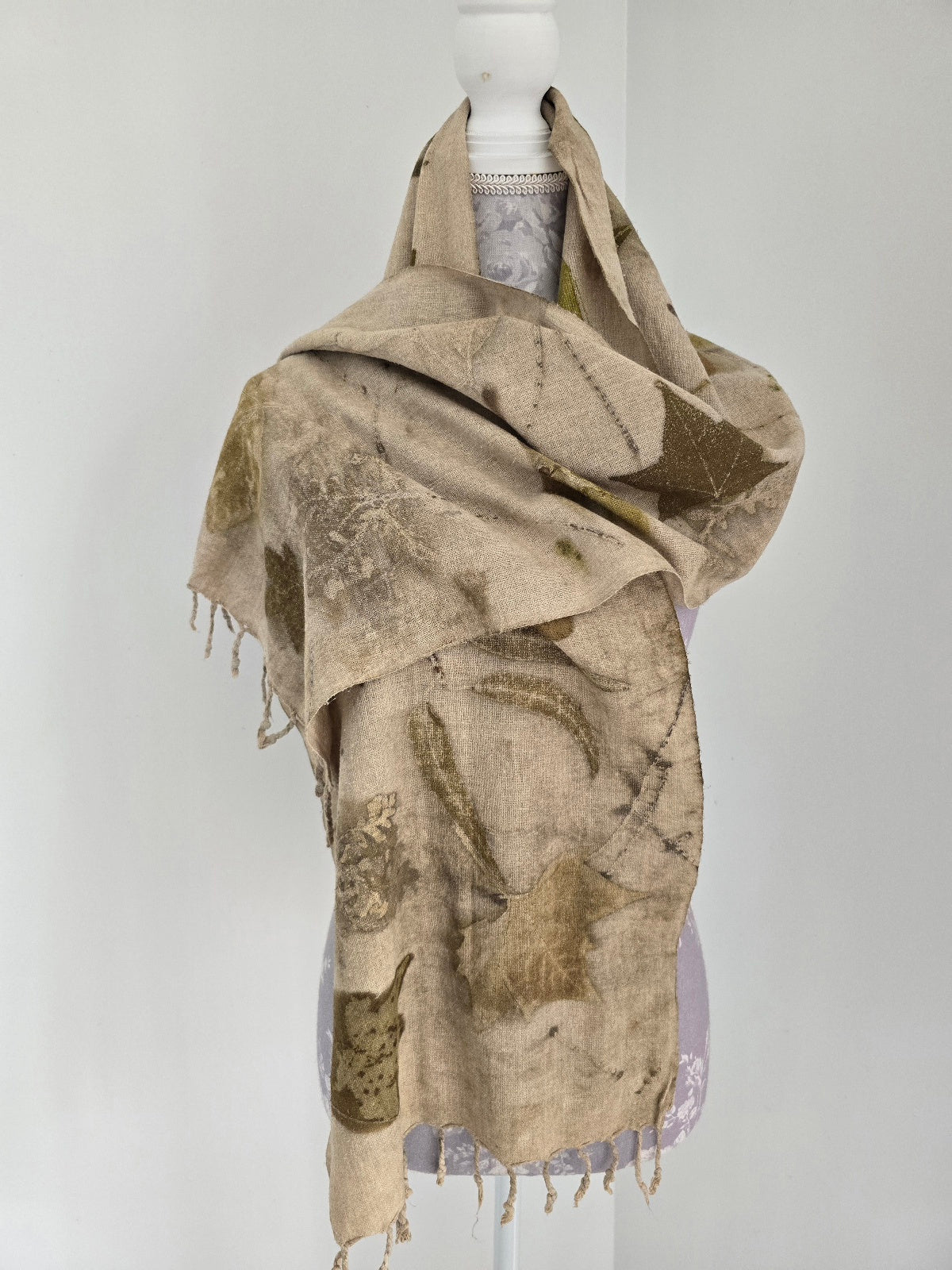 Eco-Printed Linen Scarf – Botanical Earth Tones