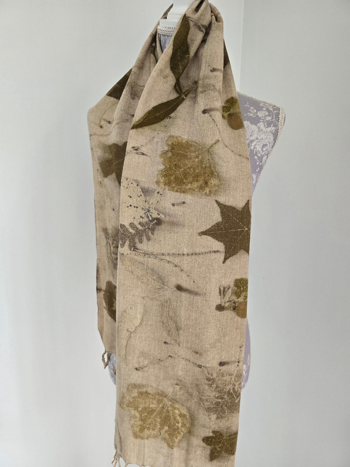 Eco-Printed Linen Scarf – Botanical Earth Tones
