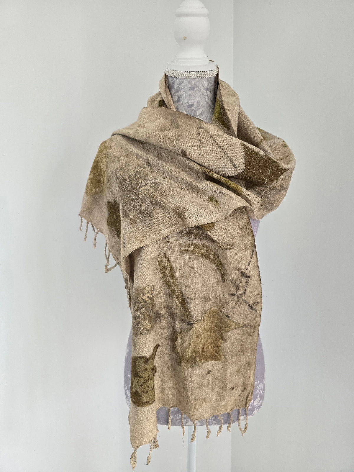 Eco-Printed Linen Scarf – Botanical Earth Tones