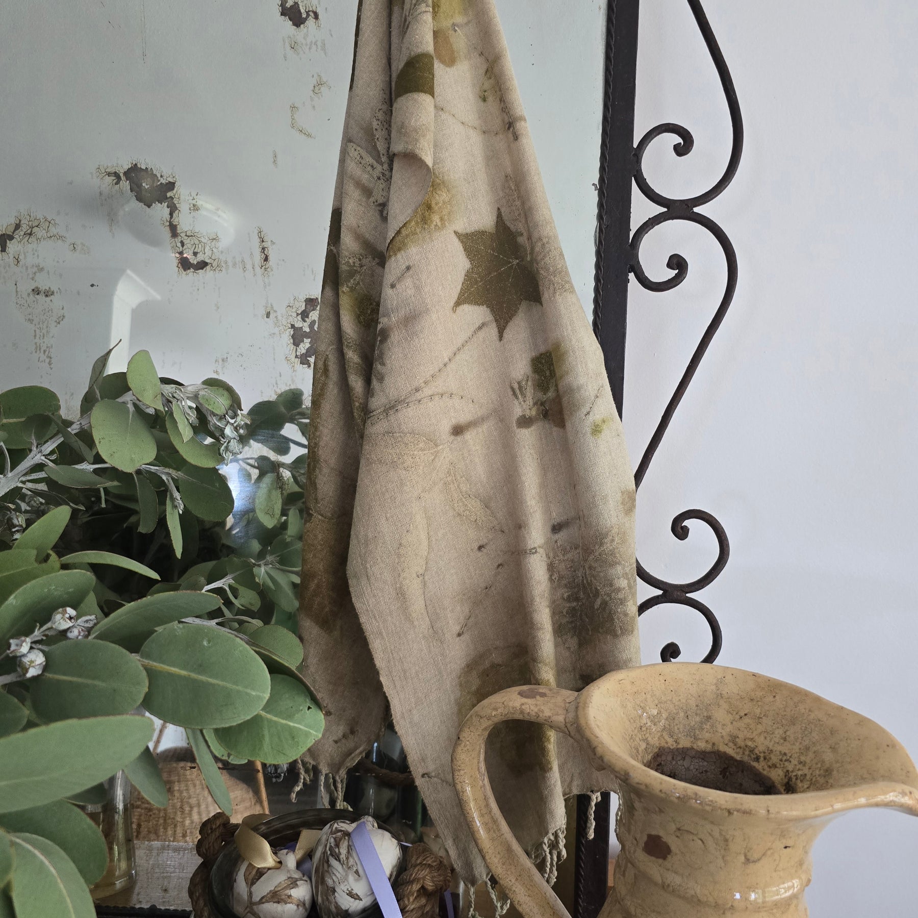 Eco-Printed Linen Scarf – Botanical Earth Tones