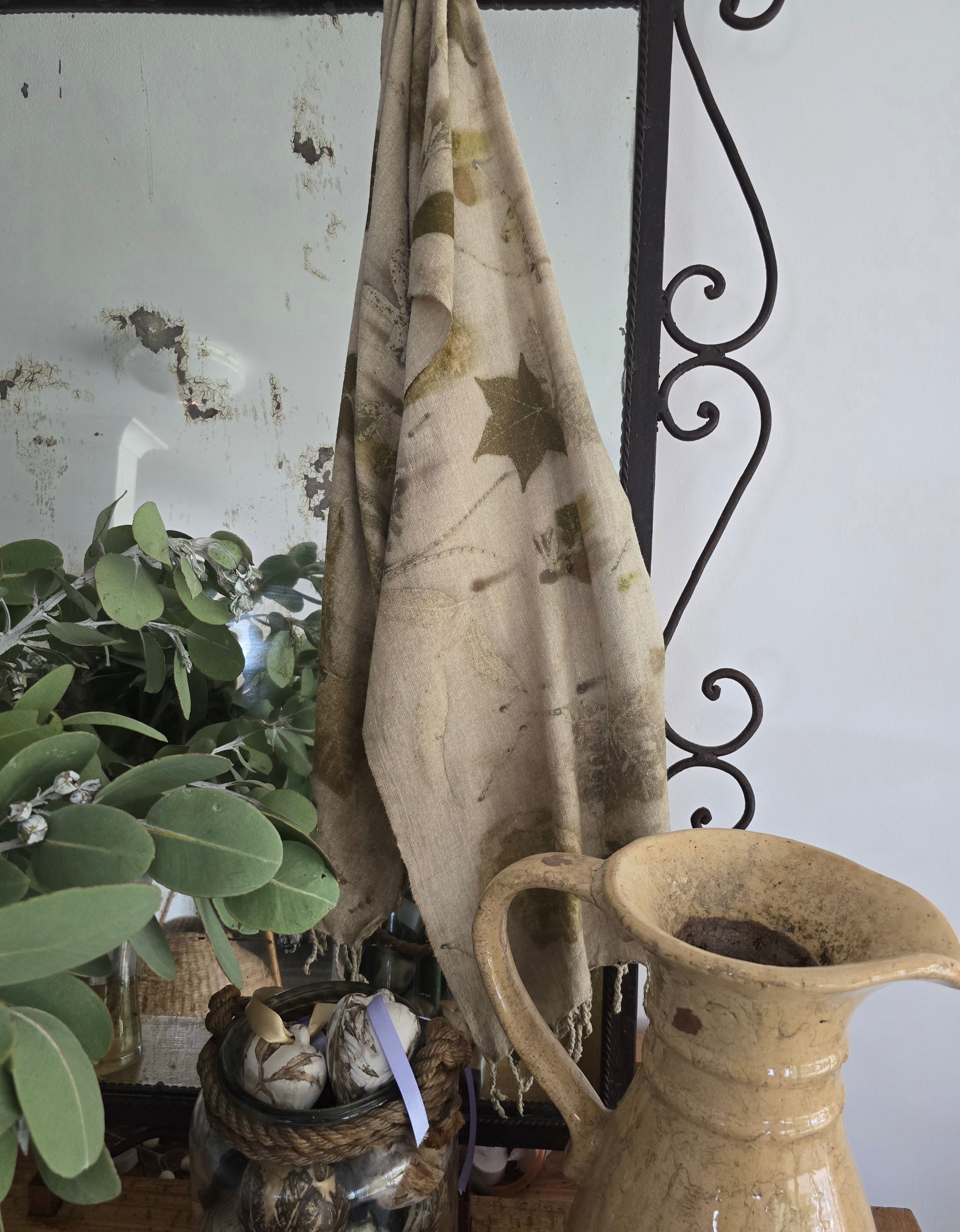 Eco-Printed Linen Scarf – Botanical Earth Tones