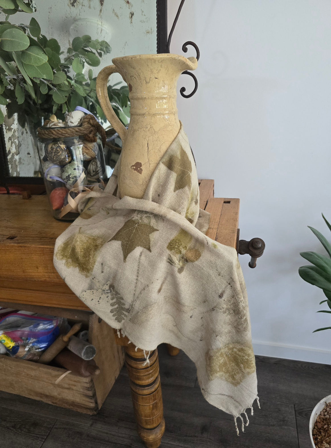 Eco-Printed Linen Scarf – Botanical Earth Tones