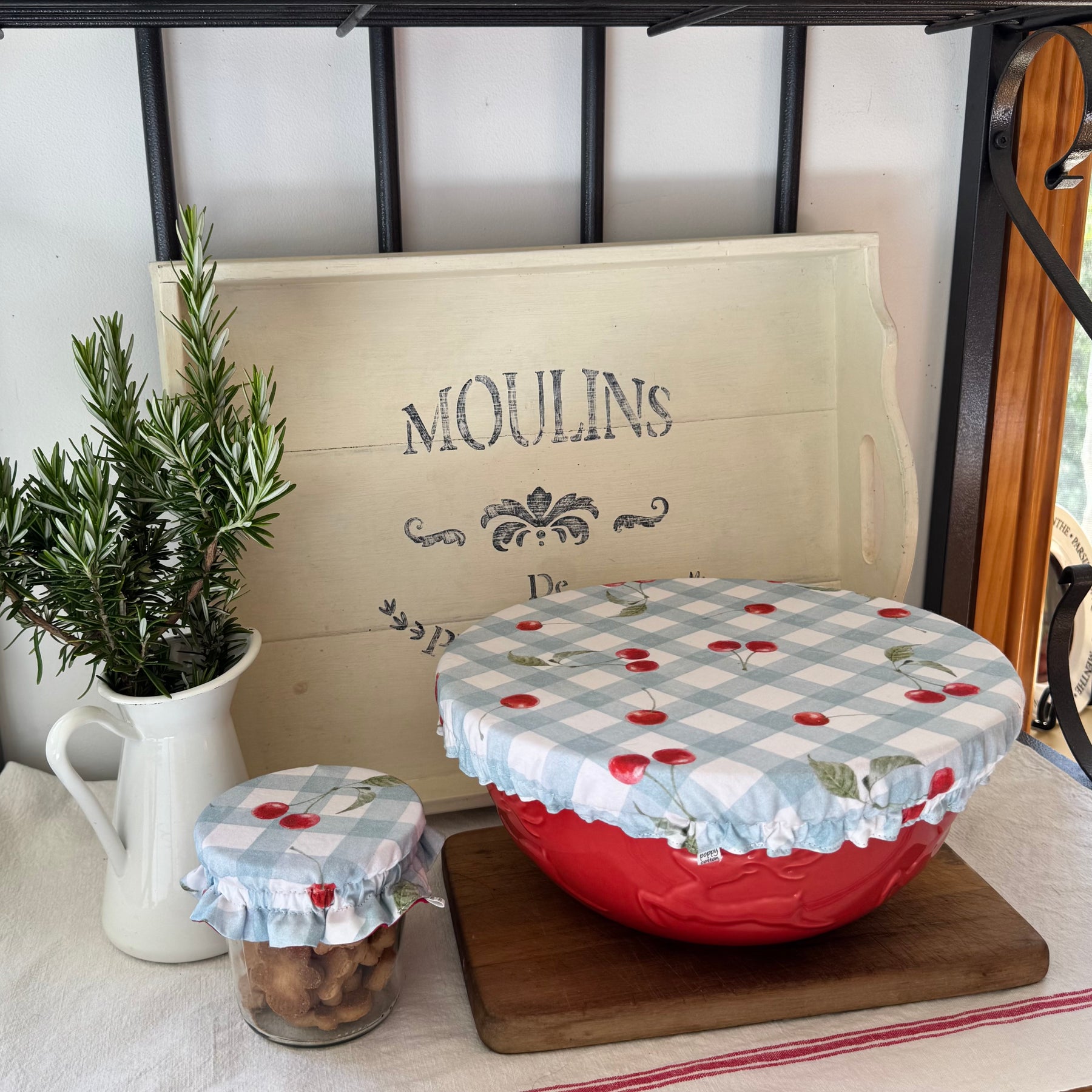 Reversible Cherry Fabric Bowl Cover - Linen / Cotton