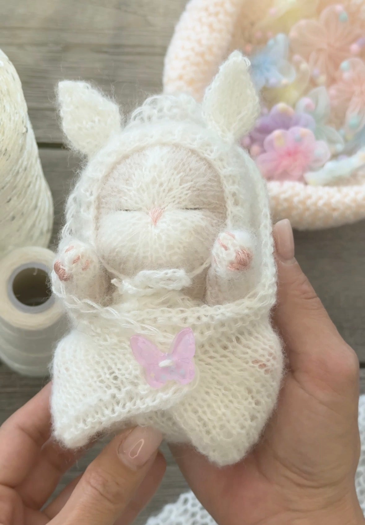 Handmade Sleeping Kitten in a Bunny Bonnet & Cozy Blanket with Butterfly Button