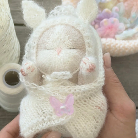 Handmade Sleeping Kitten in a Bunny Bonnet & Cozy Blanket with Butterfly Button