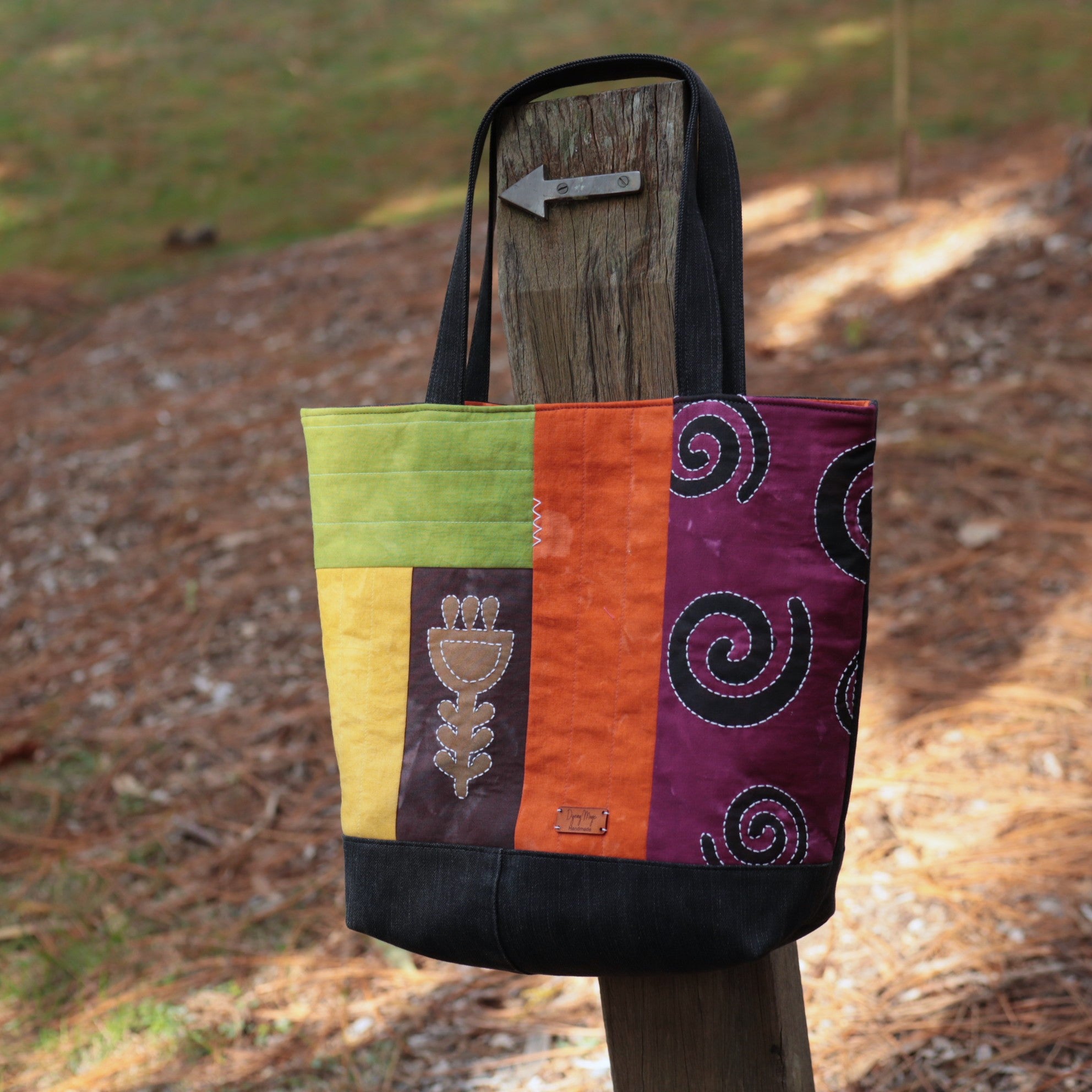 Tote Bag, Hand Dyed with upcycled denim, autumn colours