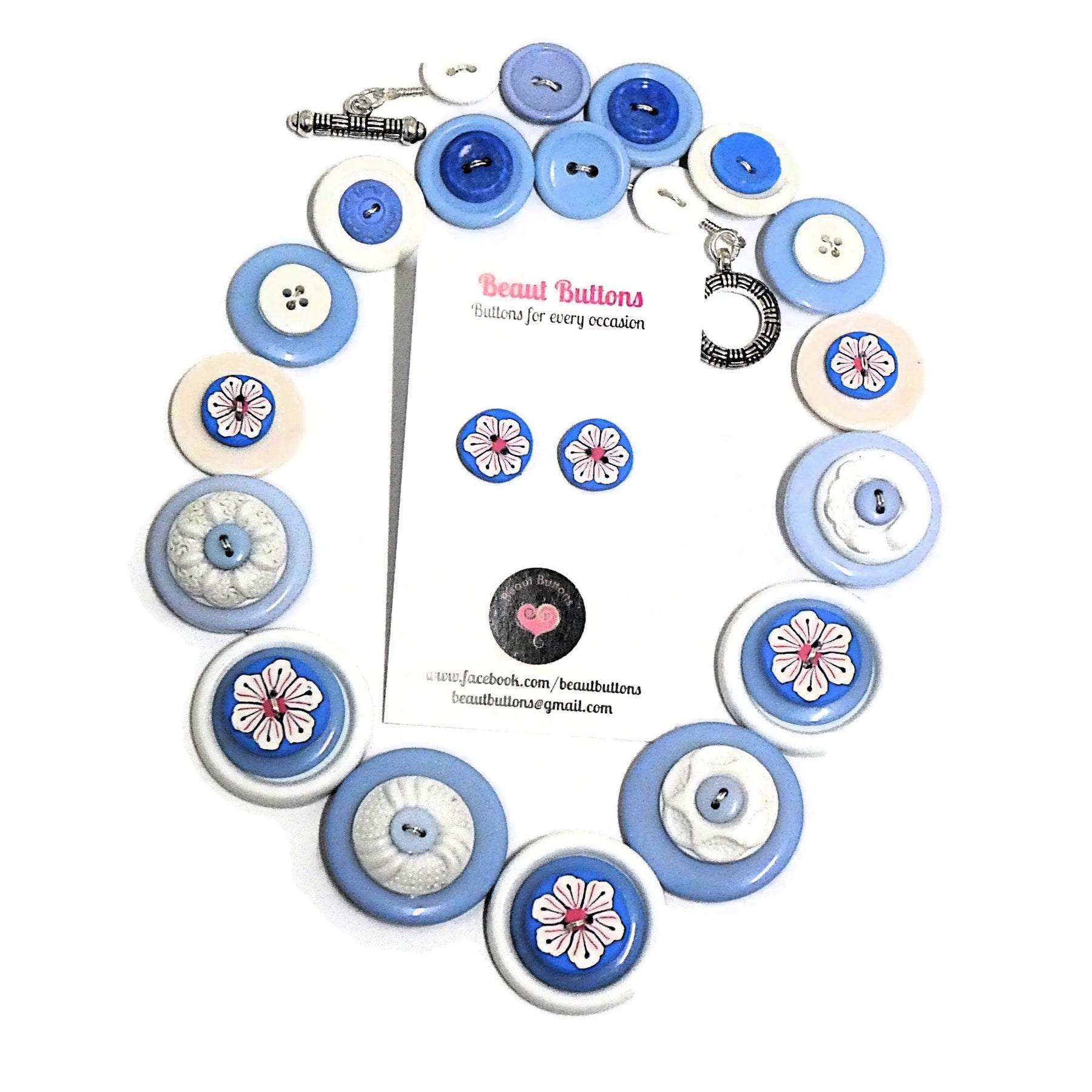 Blue button necklace and earrings - Winter Blooms