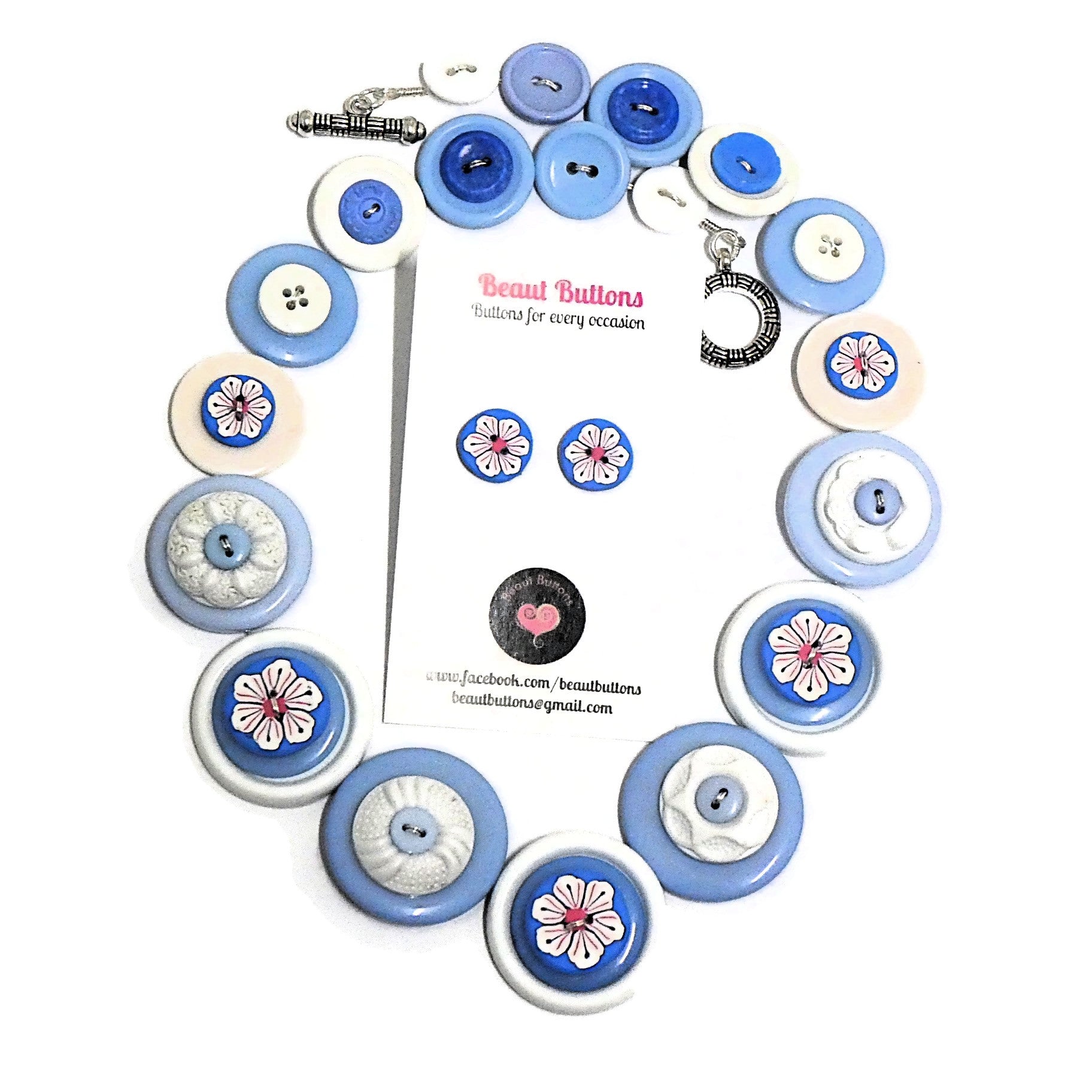 Blue button necklace and earrings - Winter Blooms