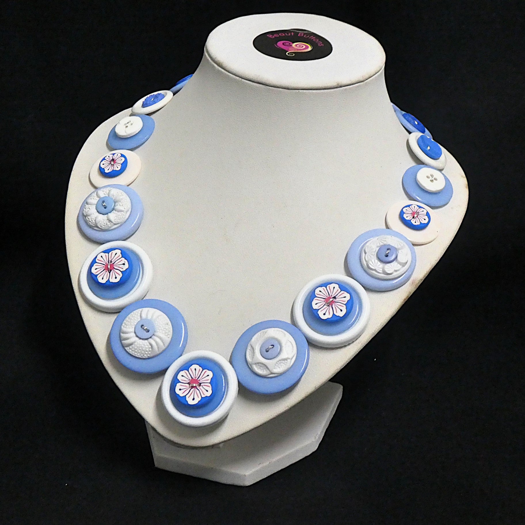 Blue button necklace and earrings - Winter Blooms