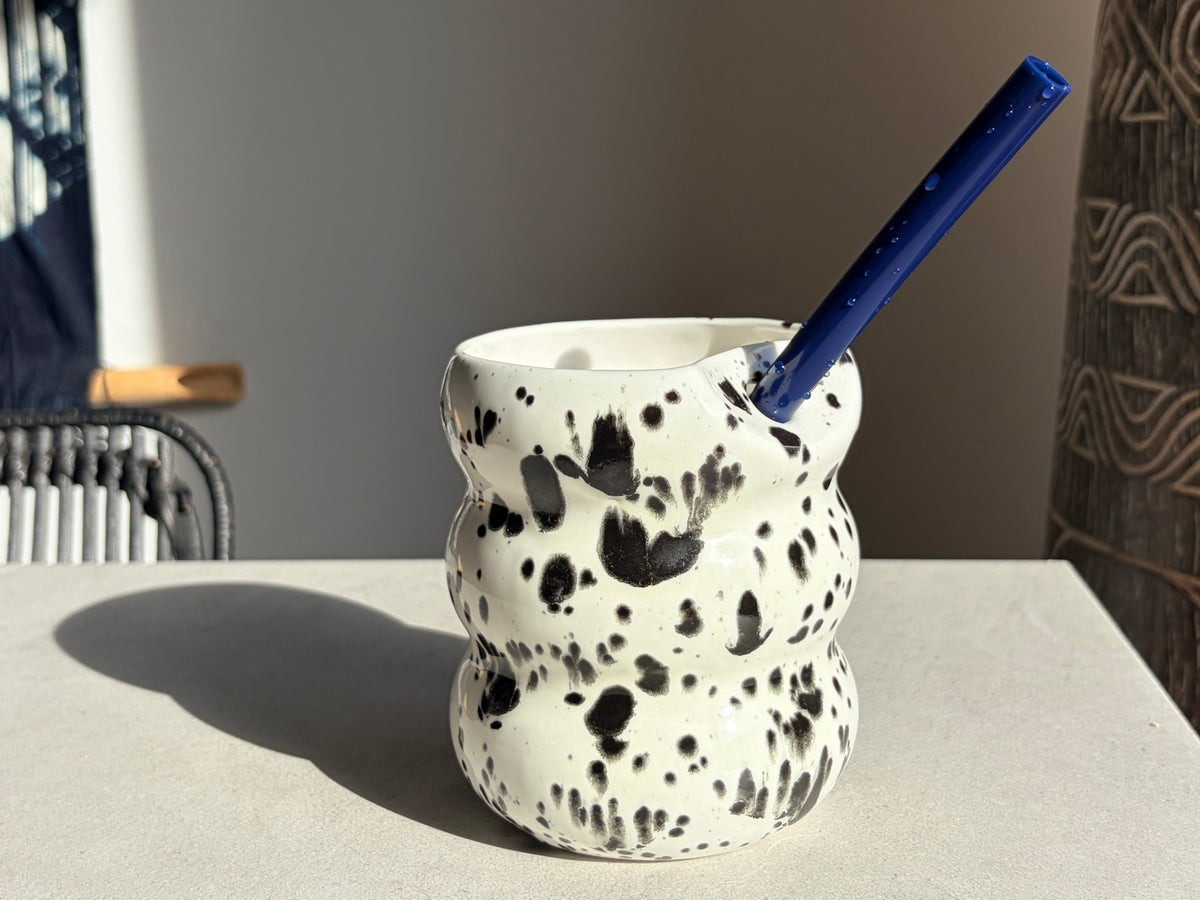 Handcrafted Porcelain Tumbler with Silicon Straw, 600mL Bubble Cup in Dalmatian Glaze