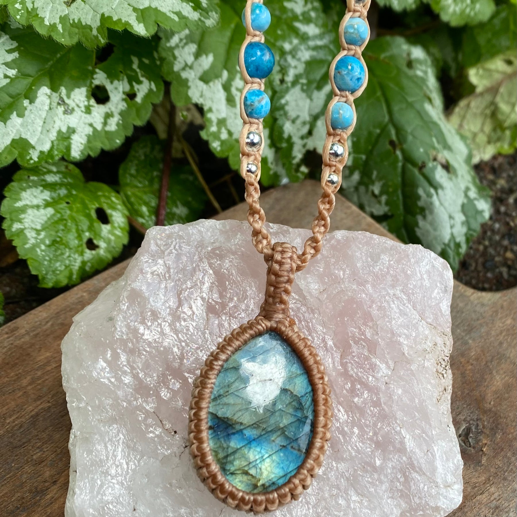 Labradorite Pendant Necklace: Beaded Macrame, Adjustable Boho Gift