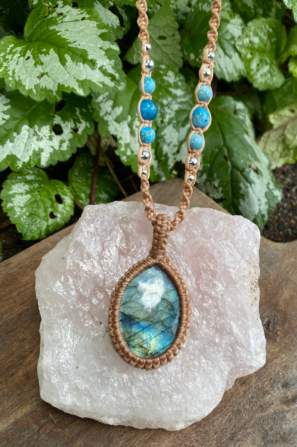 Labradorite Pendant Necklace: Beaded Macrame, Adjustable Boho Gift
