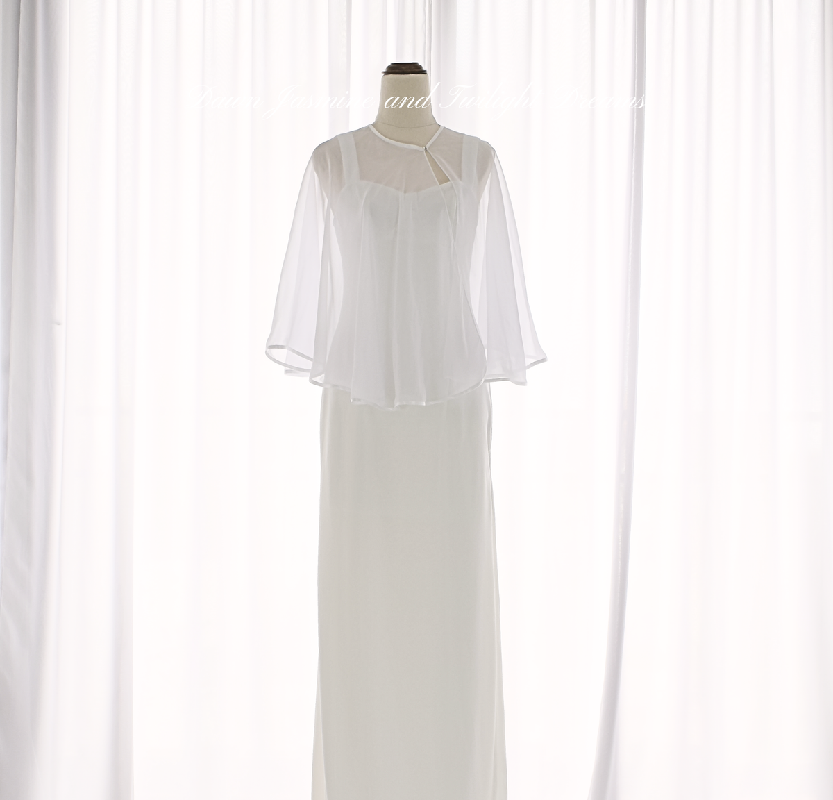 100% Silk Chiffon Center-Split Bridal Cape with Swarovski Crystal Button | The Aria