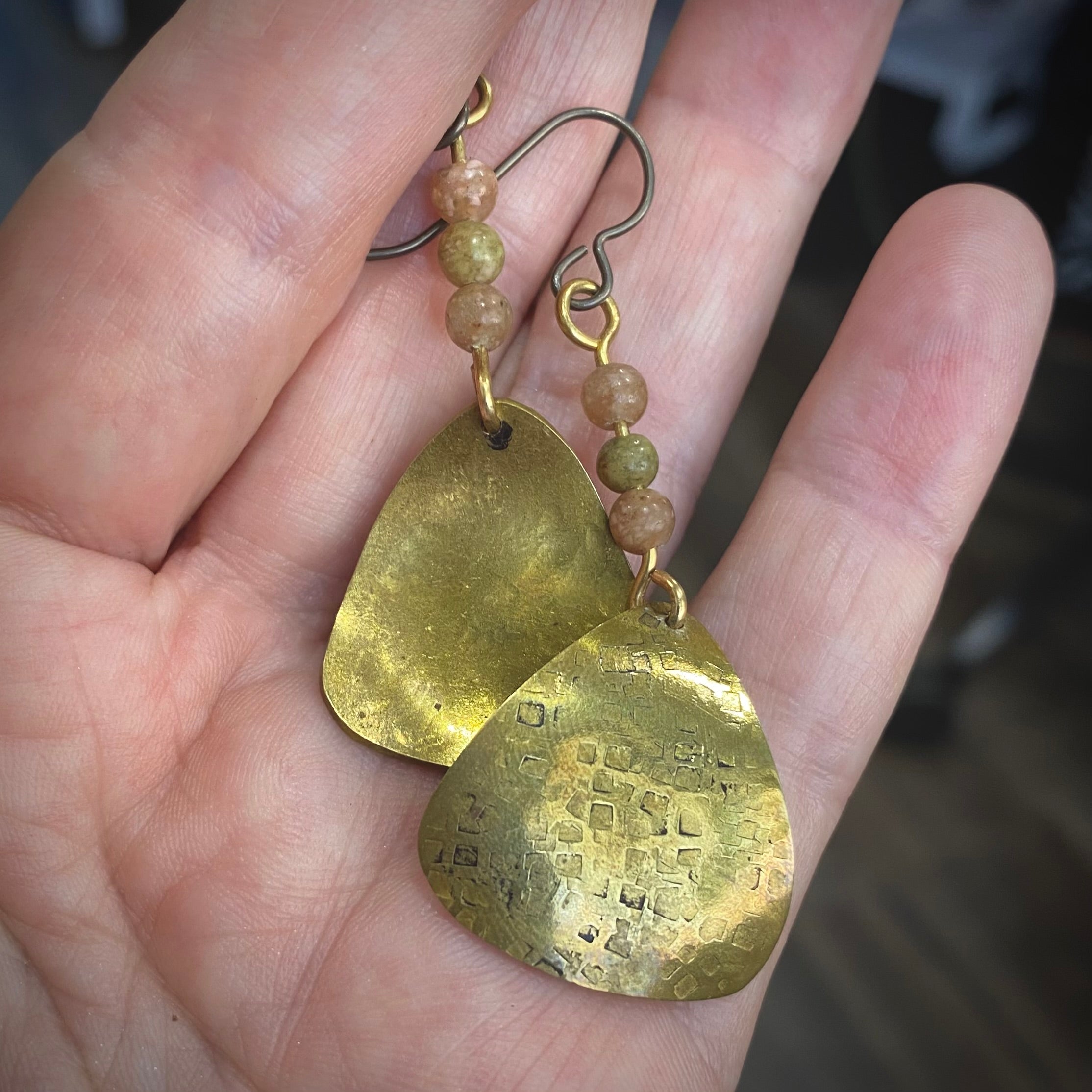 Textured Bronze Earrings with Unakite Stone Beads