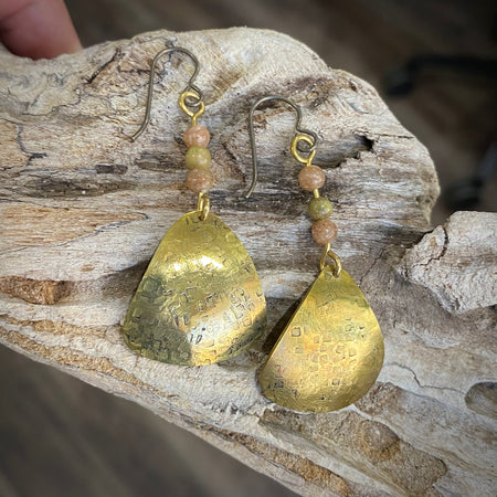 Textured Bronze Earrings with Unakite Stone Beads