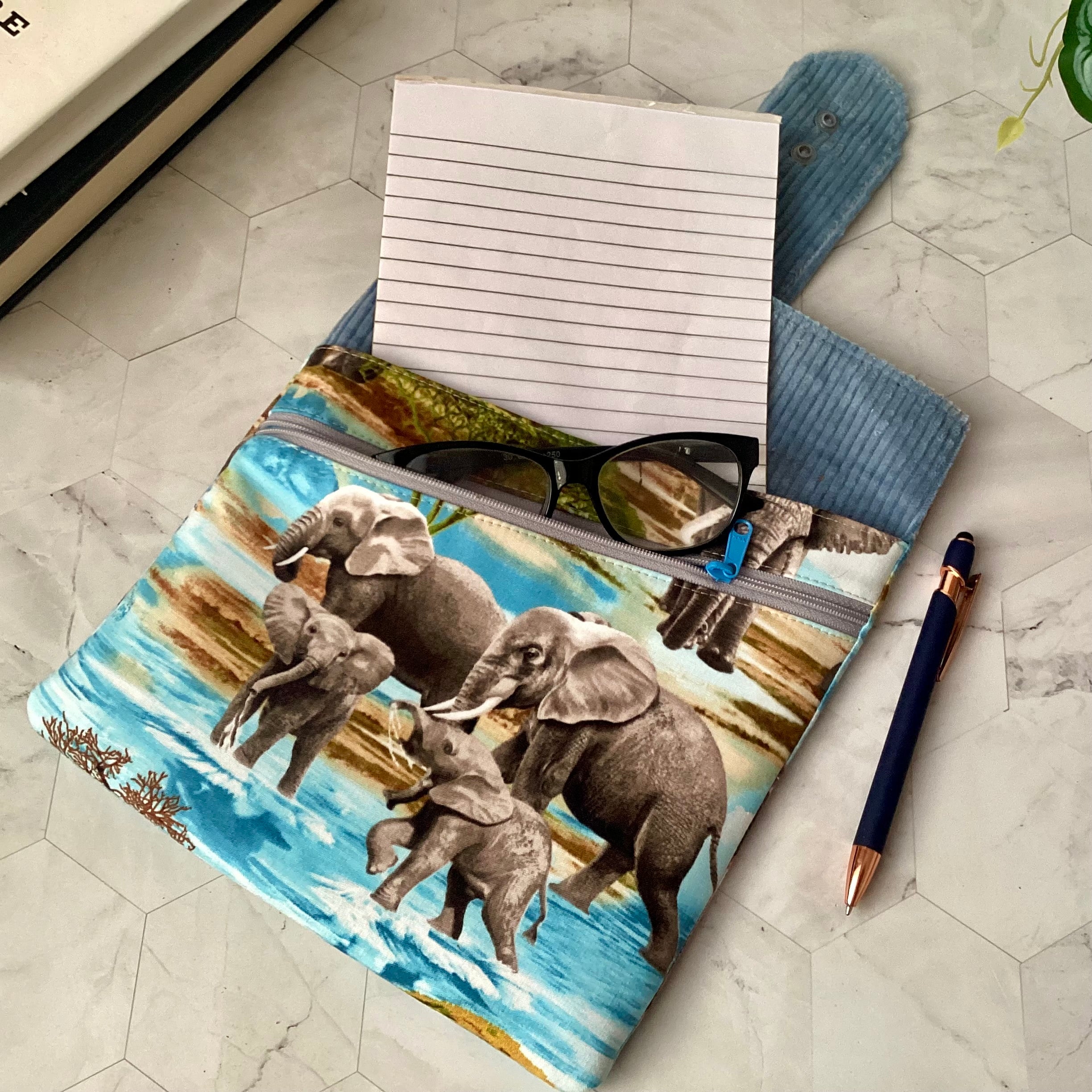 Elephants fabric book sleeve with 2 pockets. iPad, tablet pouch