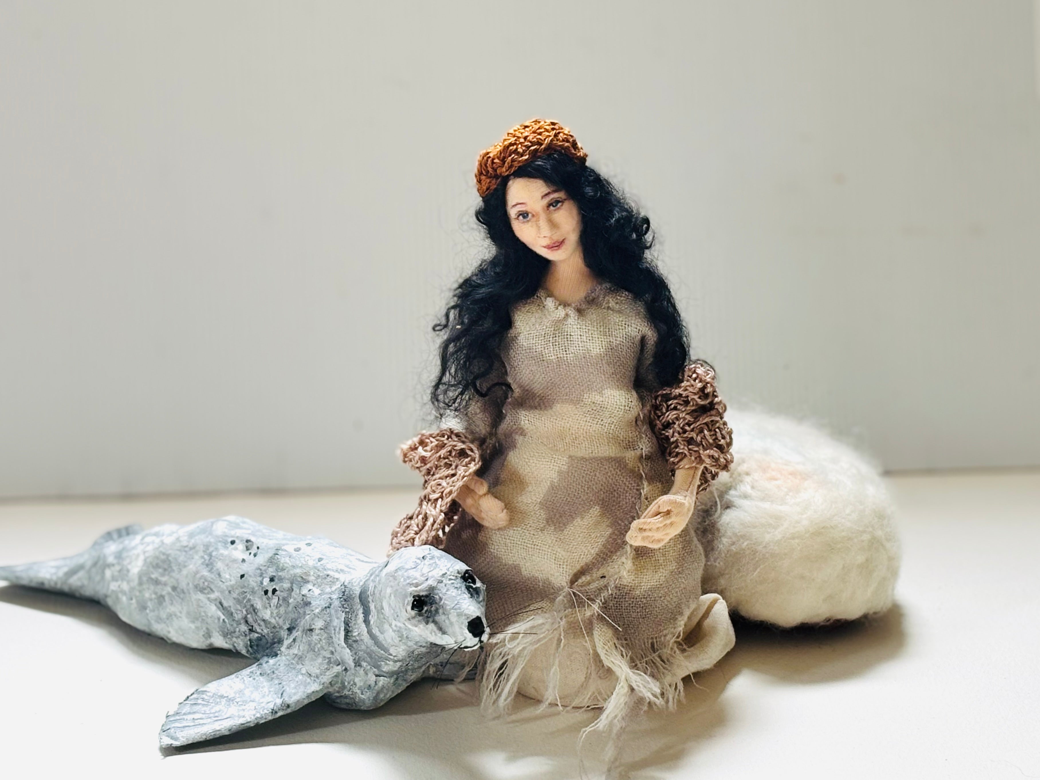 Selkie, mixed media doll, needle felt seal, unique gift