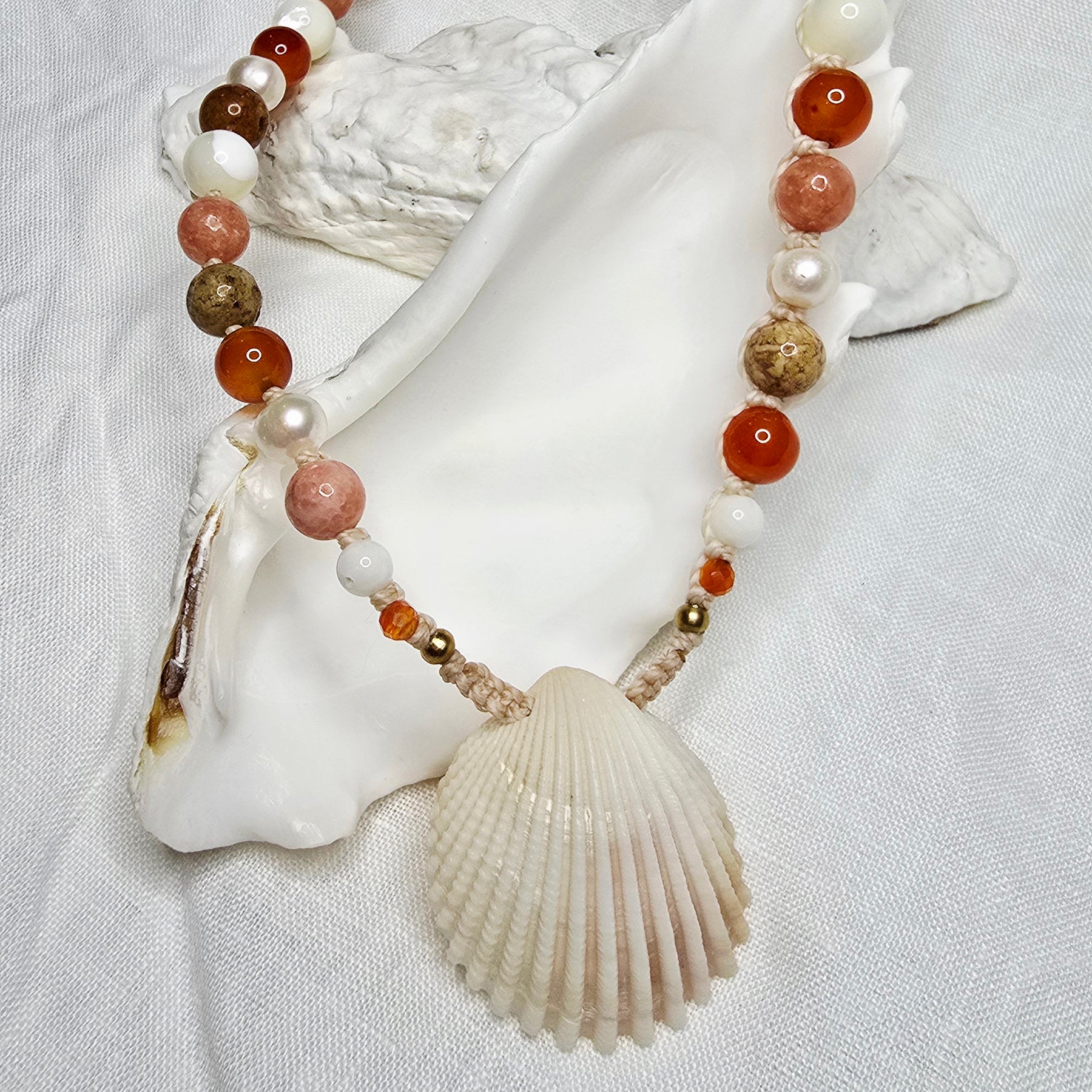 Cockle Shell Necklace Adjustable with Pearls and Rare Ocean Agate