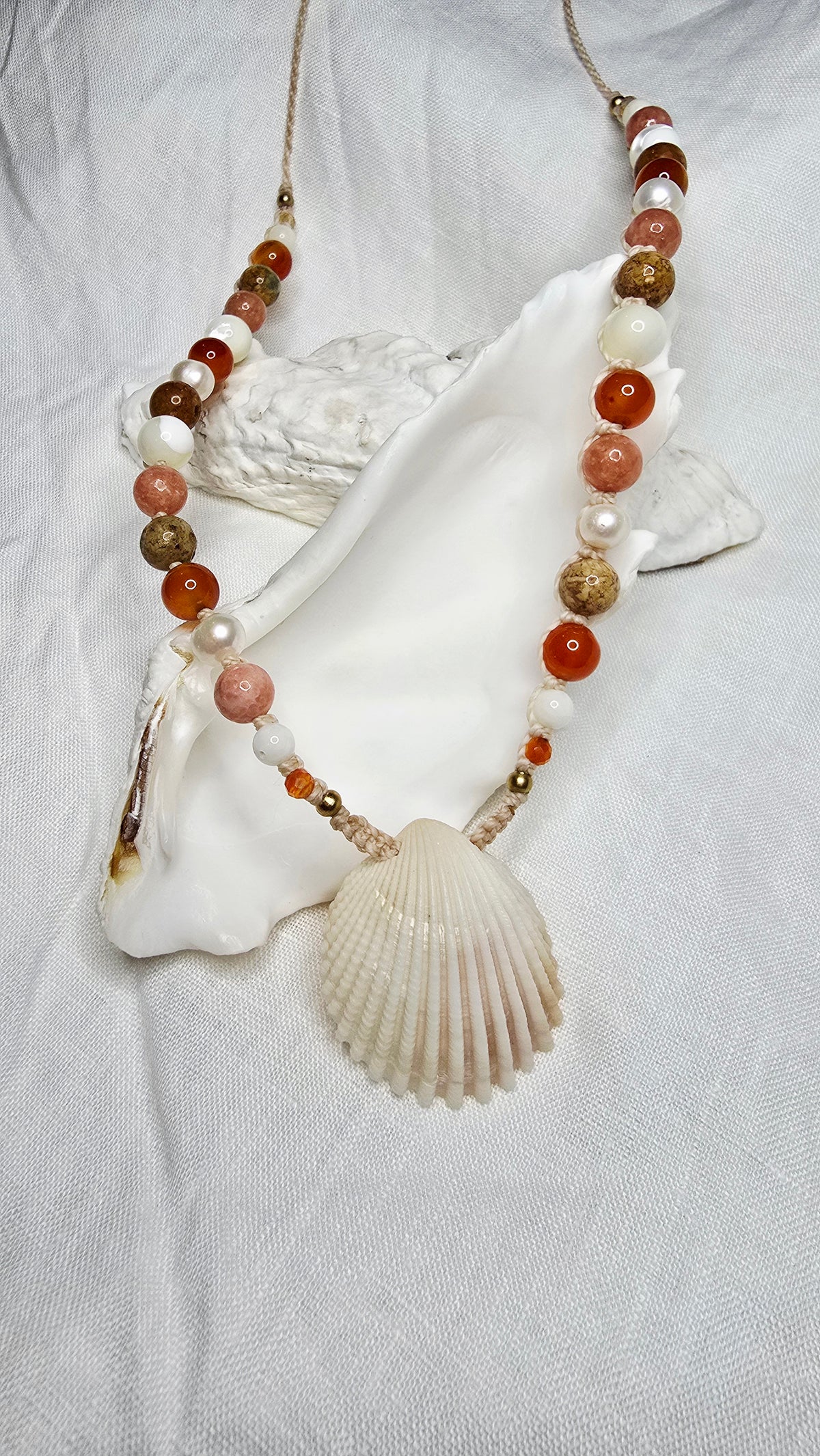 Cockle Shell Necklace Adjustable with Pearls and Rare Ocean Agate