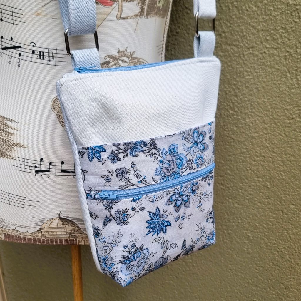 Upcycled small zip crossbody bag - Pale blue denim & abstract floral