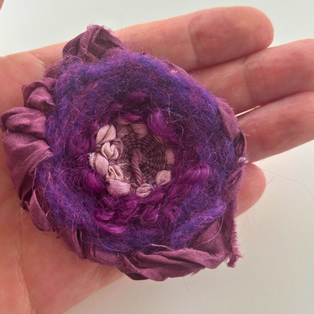 Handwoven Brooch - Purple Silk Ribbon Trim