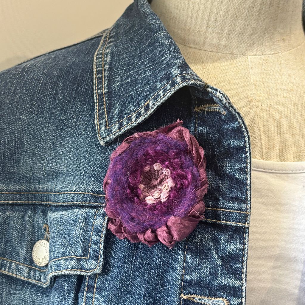 Handwoven Brooch - Purple Silk Ribbon Trim