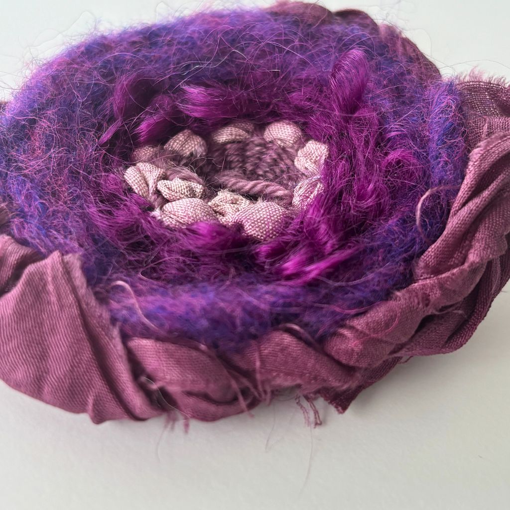 Handwoven Brooch - Purple Silk Ribbon Trim