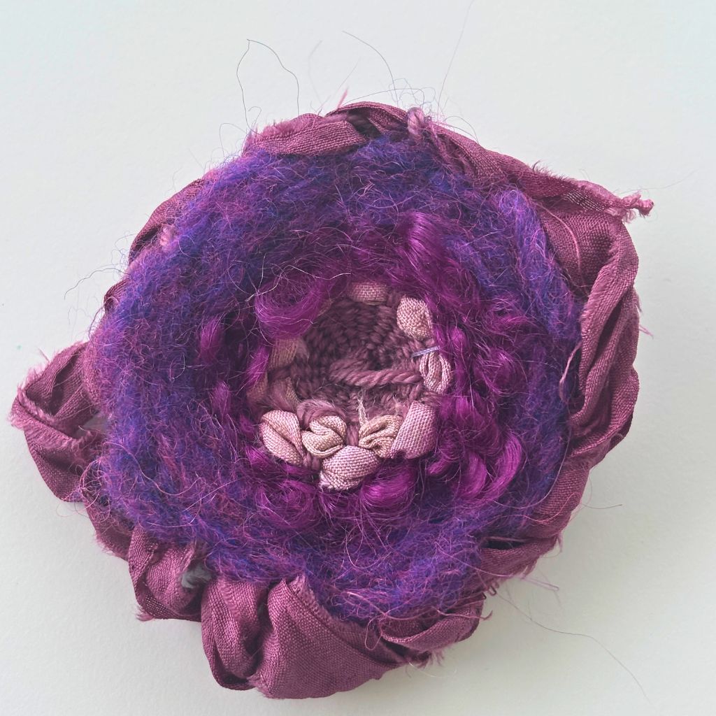 Handwoven Brooch - Purple Silk Ribbon Trim
