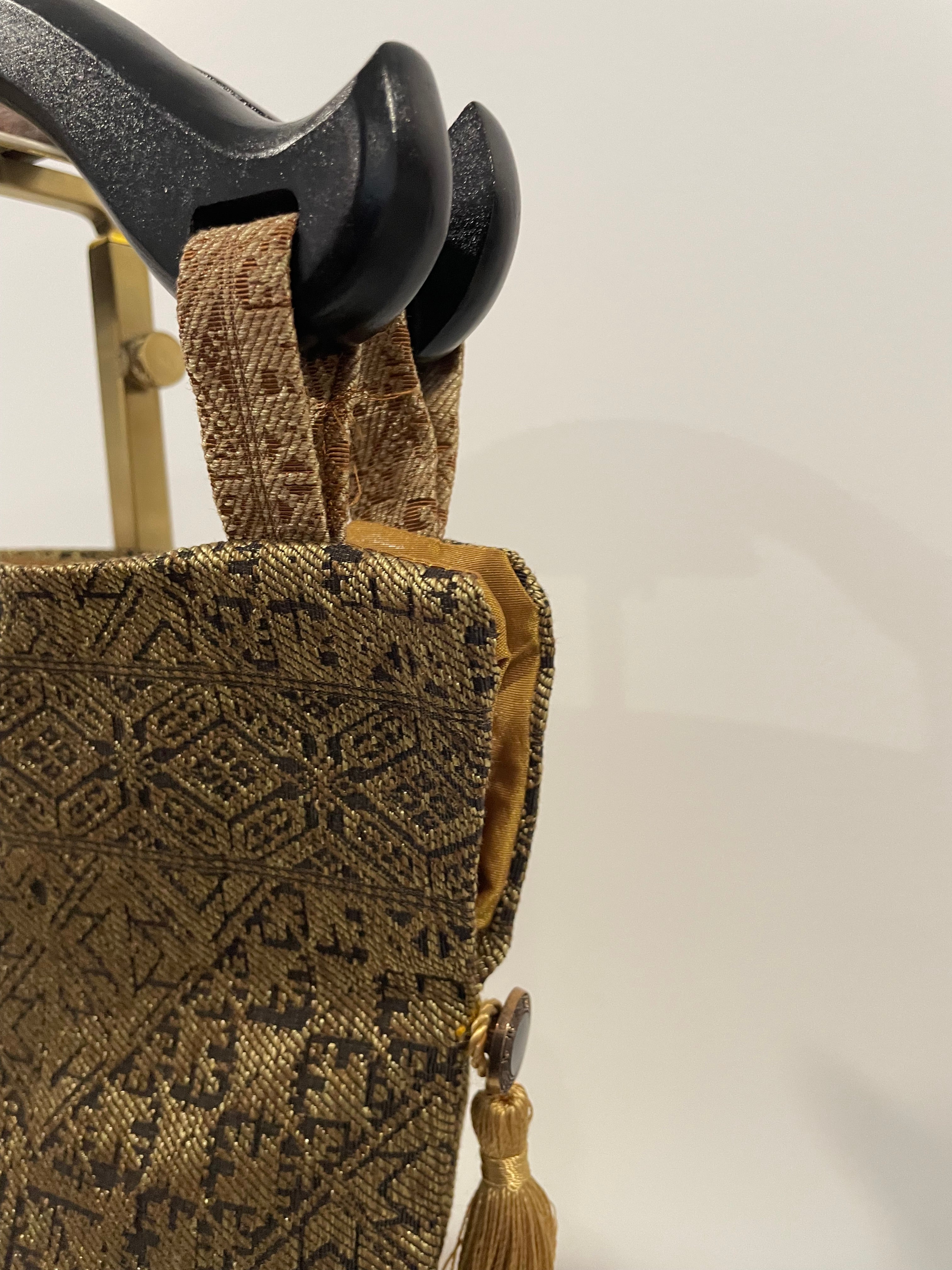 Handmade Gold Brown Wooden Handle Bag • Upcycled Purse