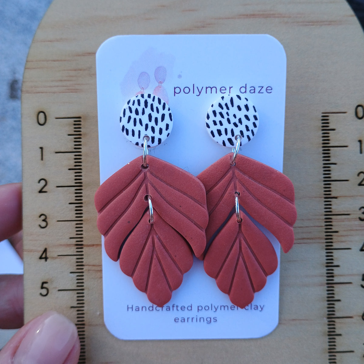 Coral Leaf dangle earrings with painted stud top