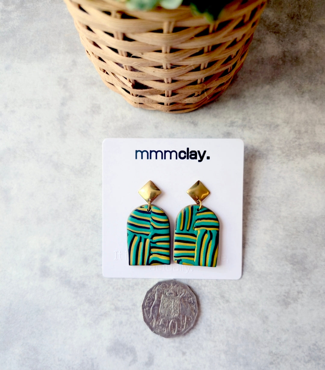 Teal and Mustard Striped Polymer Clay Arch Earrings