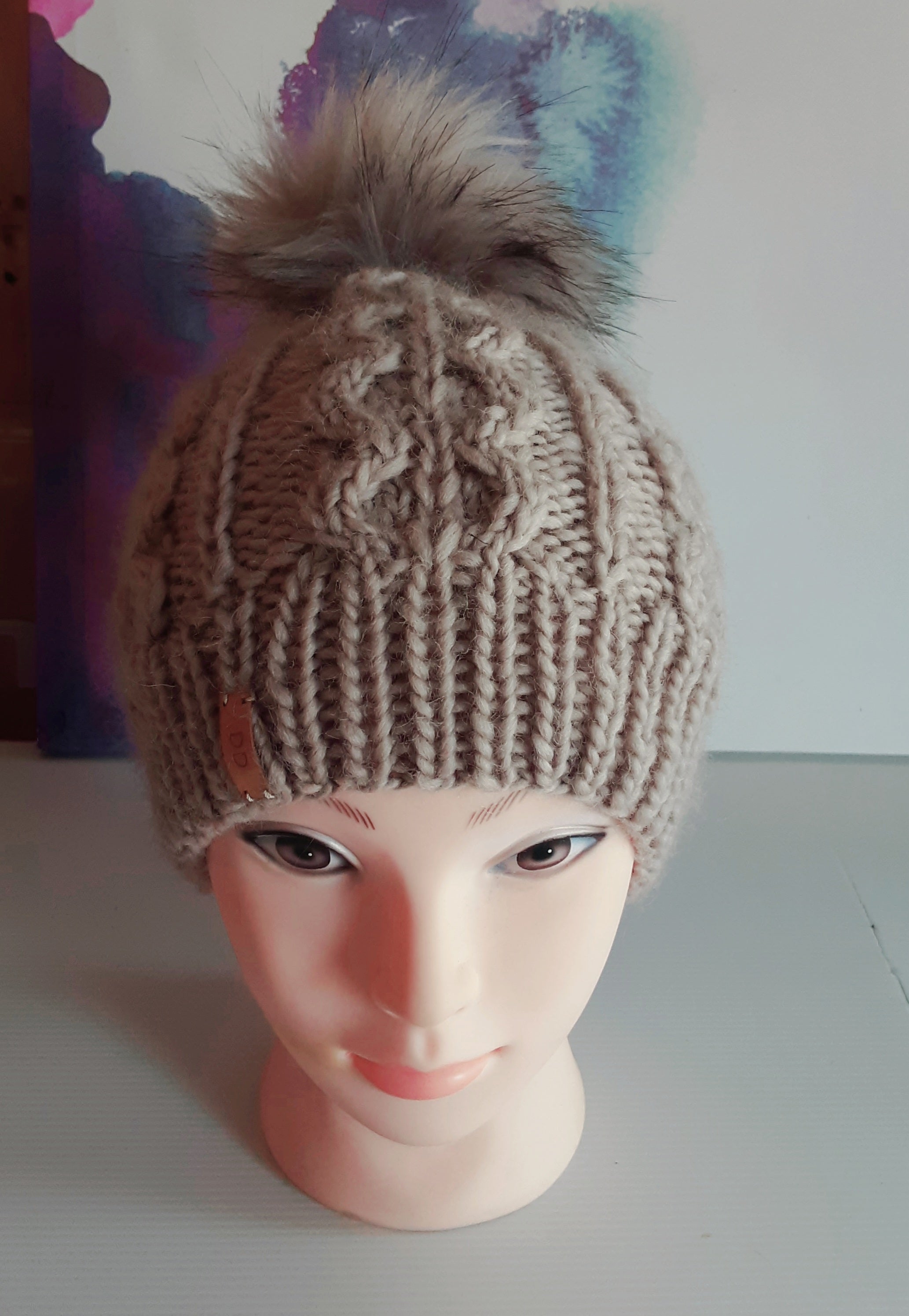 Hand knitted cream pure wool beanie