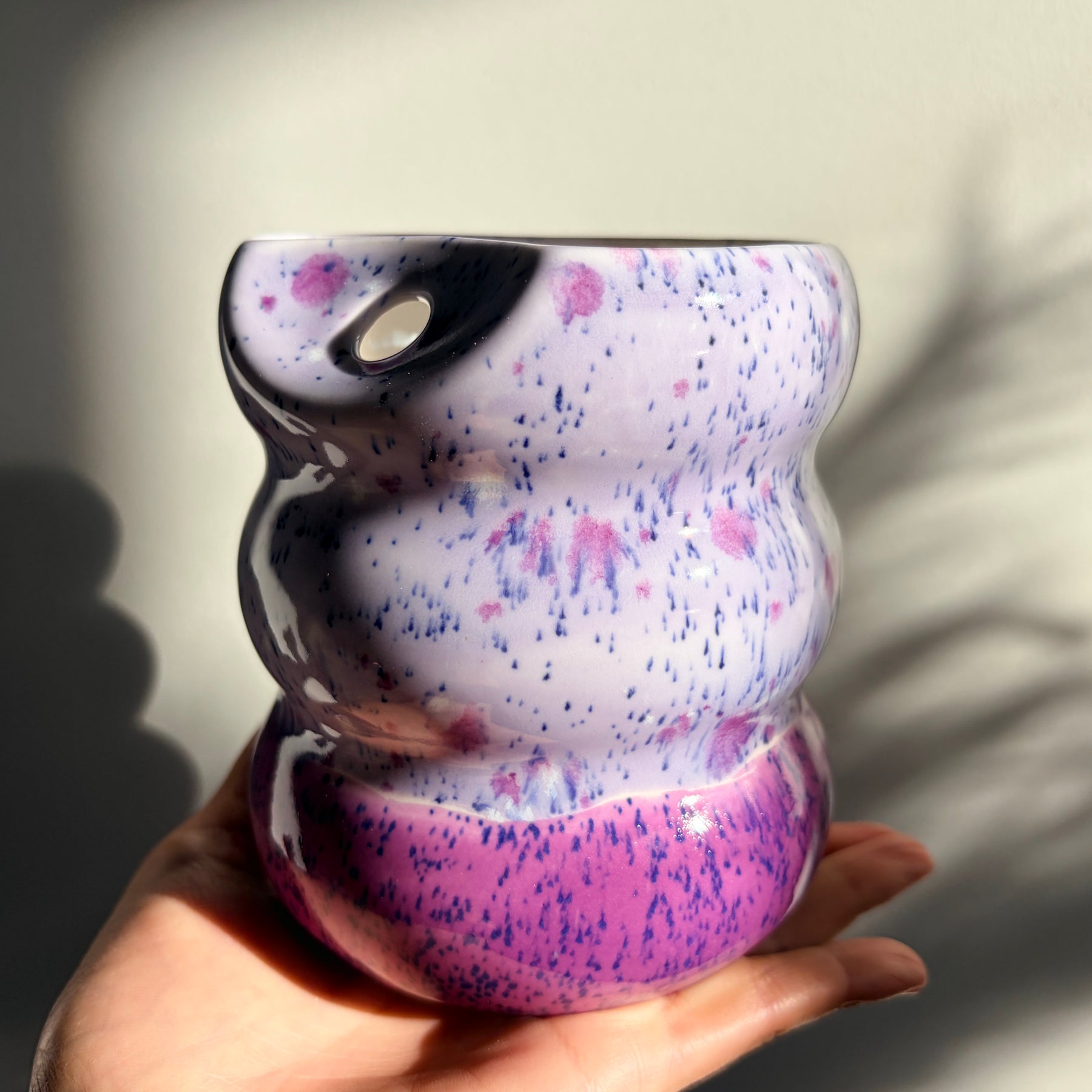 Handcrafted Porcelain Tumbler with Silicon Straw, 600mL Bubble Cup in Blueberry Smoothie Glaze