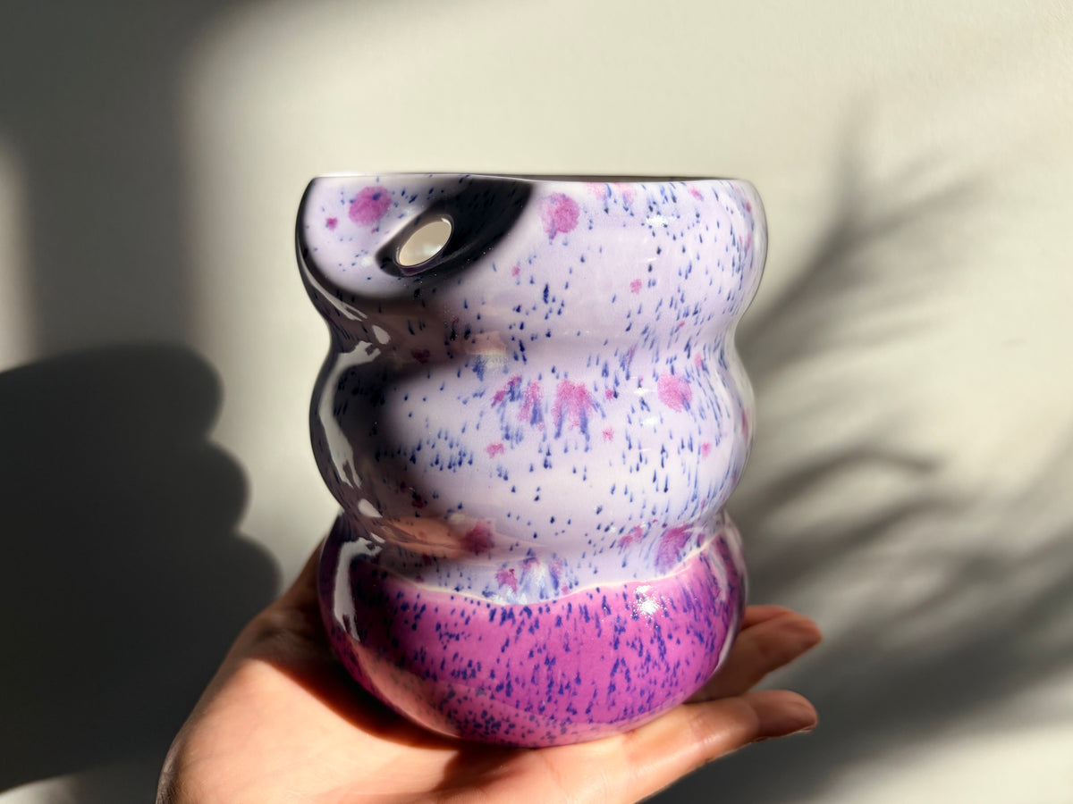 Handcrafted Porcelain Tumbler with Silicon Straw, 600mL Bubble Cup in Blueberry Smoothie Glaze