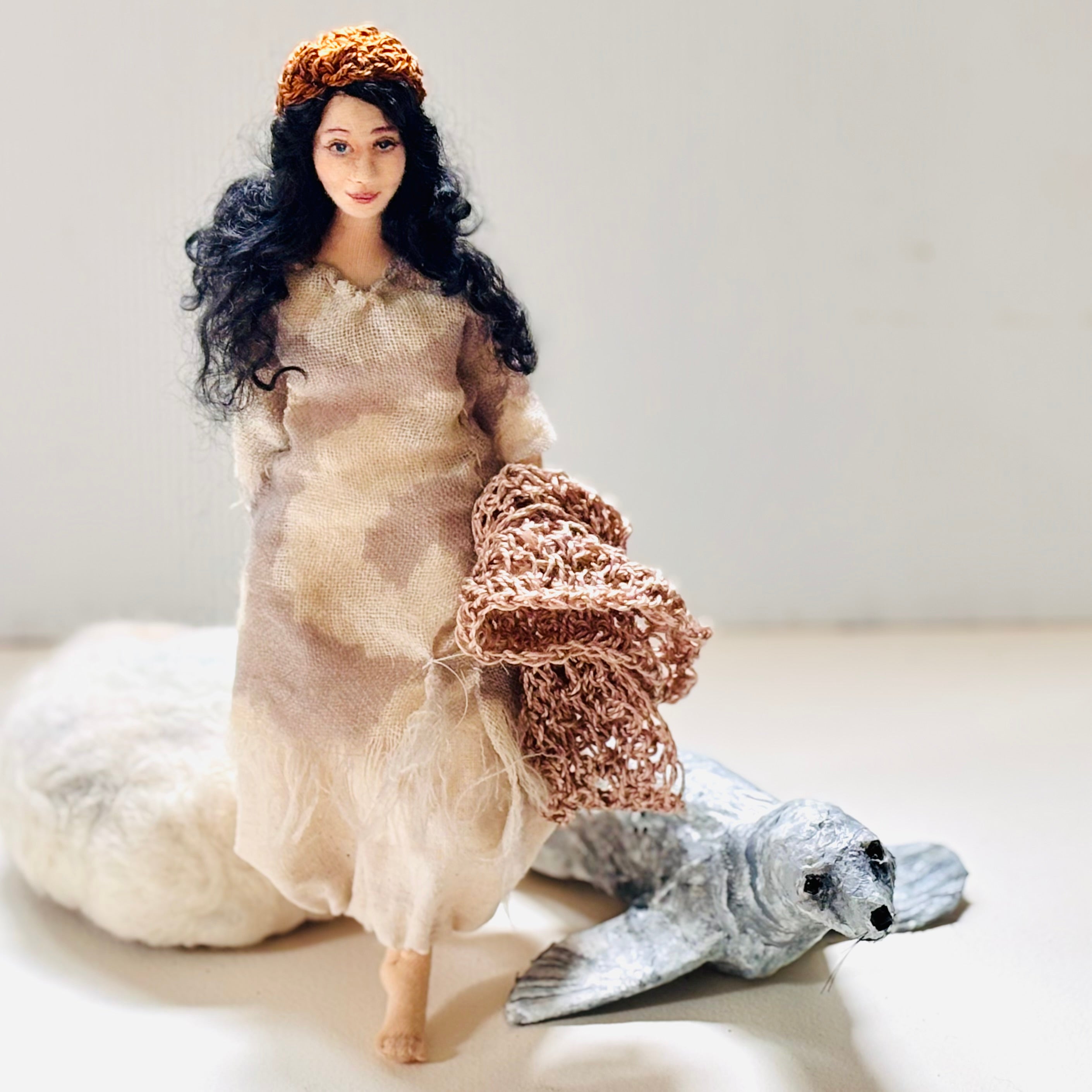 Selkie, mixed media doll, needle felt seal, unique gift