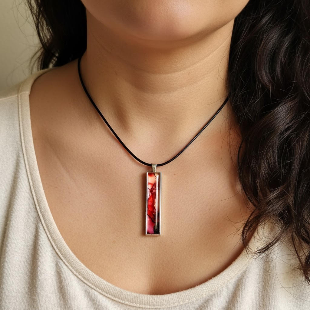 Red Alcohol Ink Pendant Necklace, Wearable Original Painting