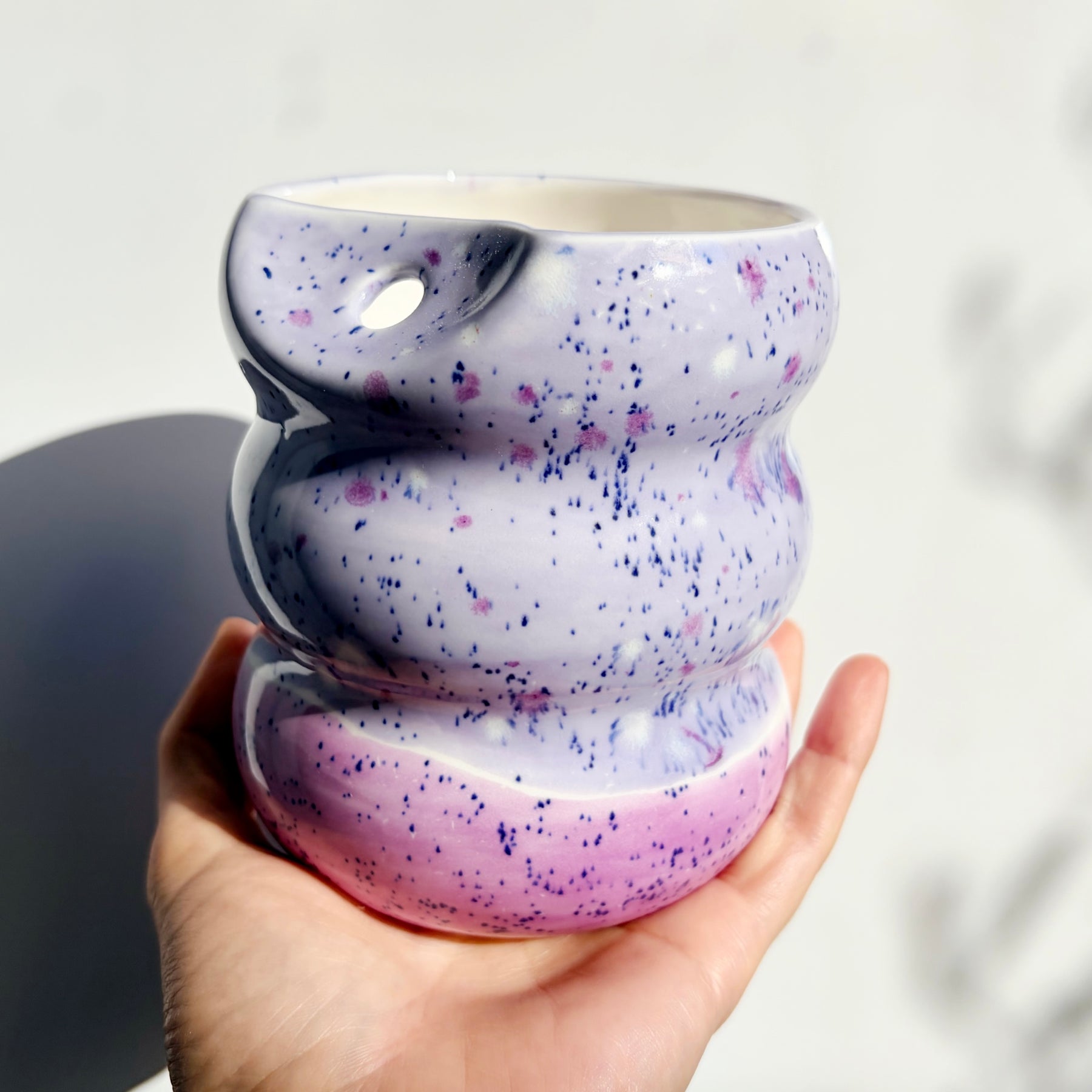 Handcrafted Porcelain Tumbler with Silicon Straw, 600mL Bubble Cup in Blueberry Smoothie Glaze