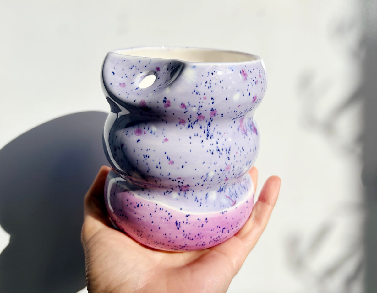 Handcrafted Porcelain Tumbler with Silicon Straw, 600mL Bubble Cup in Blueberry Smoothie Glaze